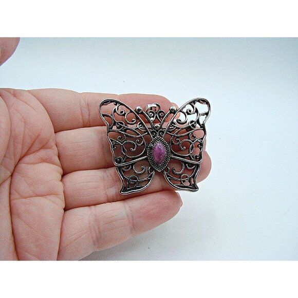 Butterfly Combination Pendant and Brooch Silver Filigree Purple Amethyst Stone - Picture 11 of 11